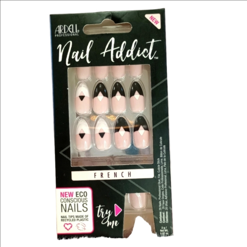 Nail Addict Black and White Almond French Medium False Nails NWT